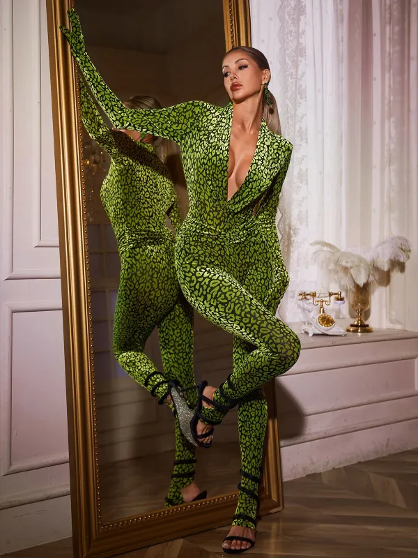 Vaelun Plunge Neck Leopard Jumpsuit In Green made by Mew Mews