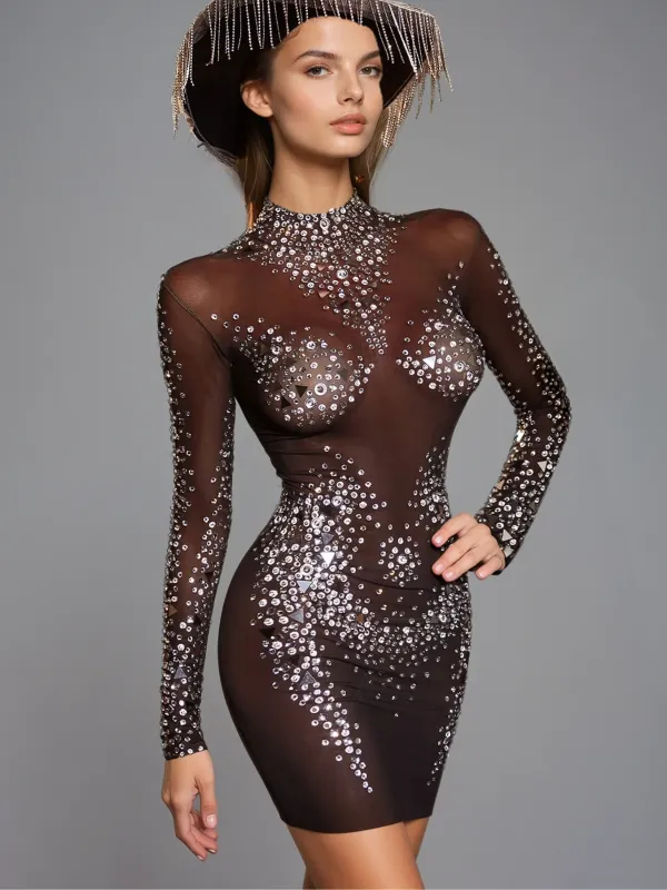 Nyrviel Long Sleeve Rhinestone Mesh Mini Dress sold by Mew Mews