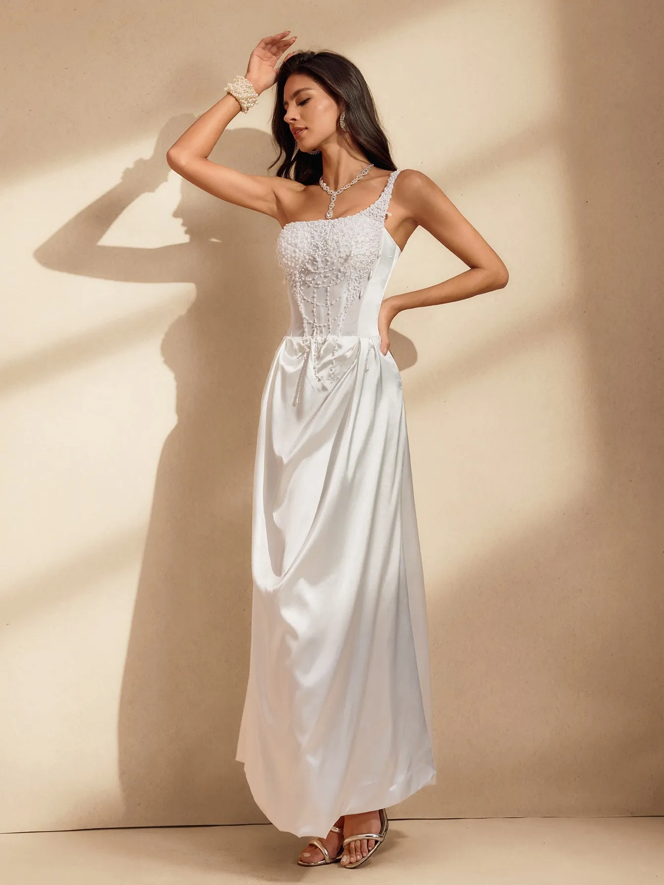 Nhucha One Shoulder Pearl Satin Maxi Dress sold by Mew Mews product image thumbnail 4