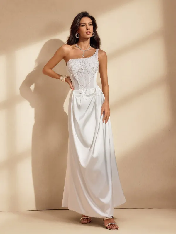 Nhucha One Shoulder Pearl Satin Maxi Dress sold by Mew Mews