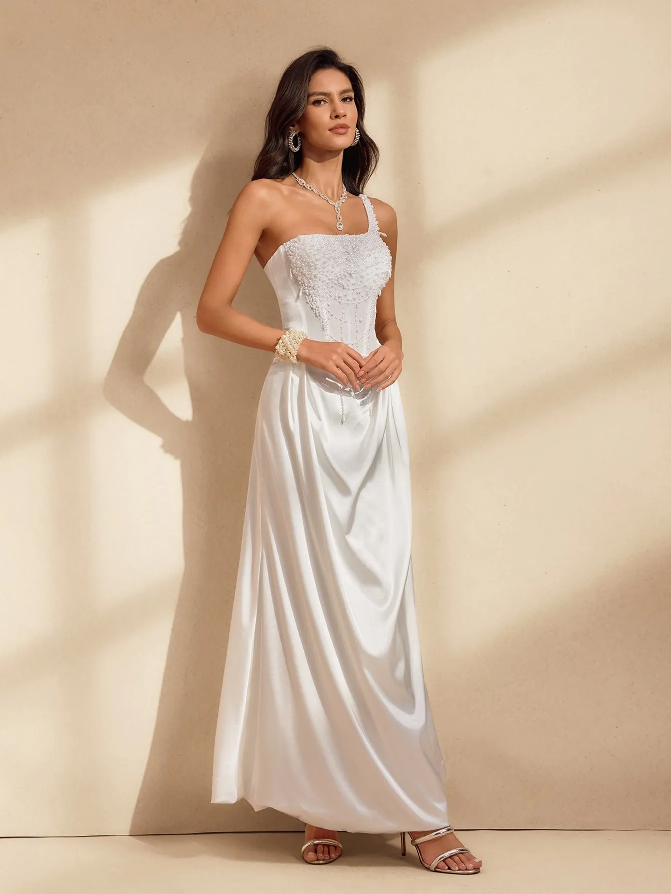 Nhucha One Shoulder Pearl Satin Maxi Dress sold by Mew Mews product image thumbnail 5