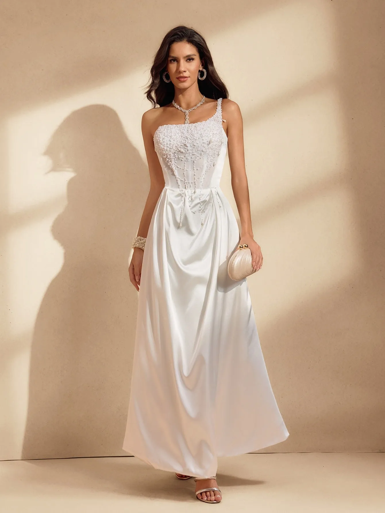 Nhucha One Shoulder Pearl Satin Maxi Dress sold by Mew Mews product image thumbnail 2