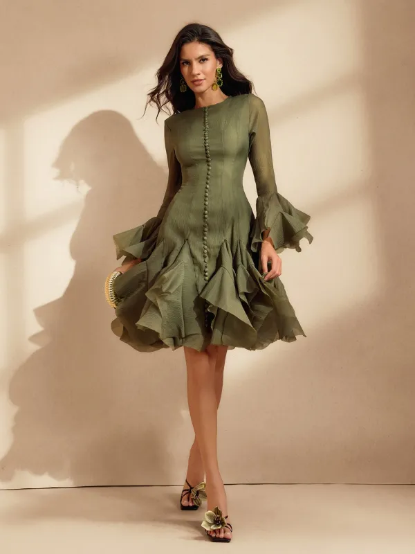 Edsel Flare Sleeve Button Mini Dress In Green sold by Mew Mews