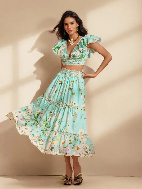 Nerice V Neck Floral Printed Skirt Set sold by Mew Mews