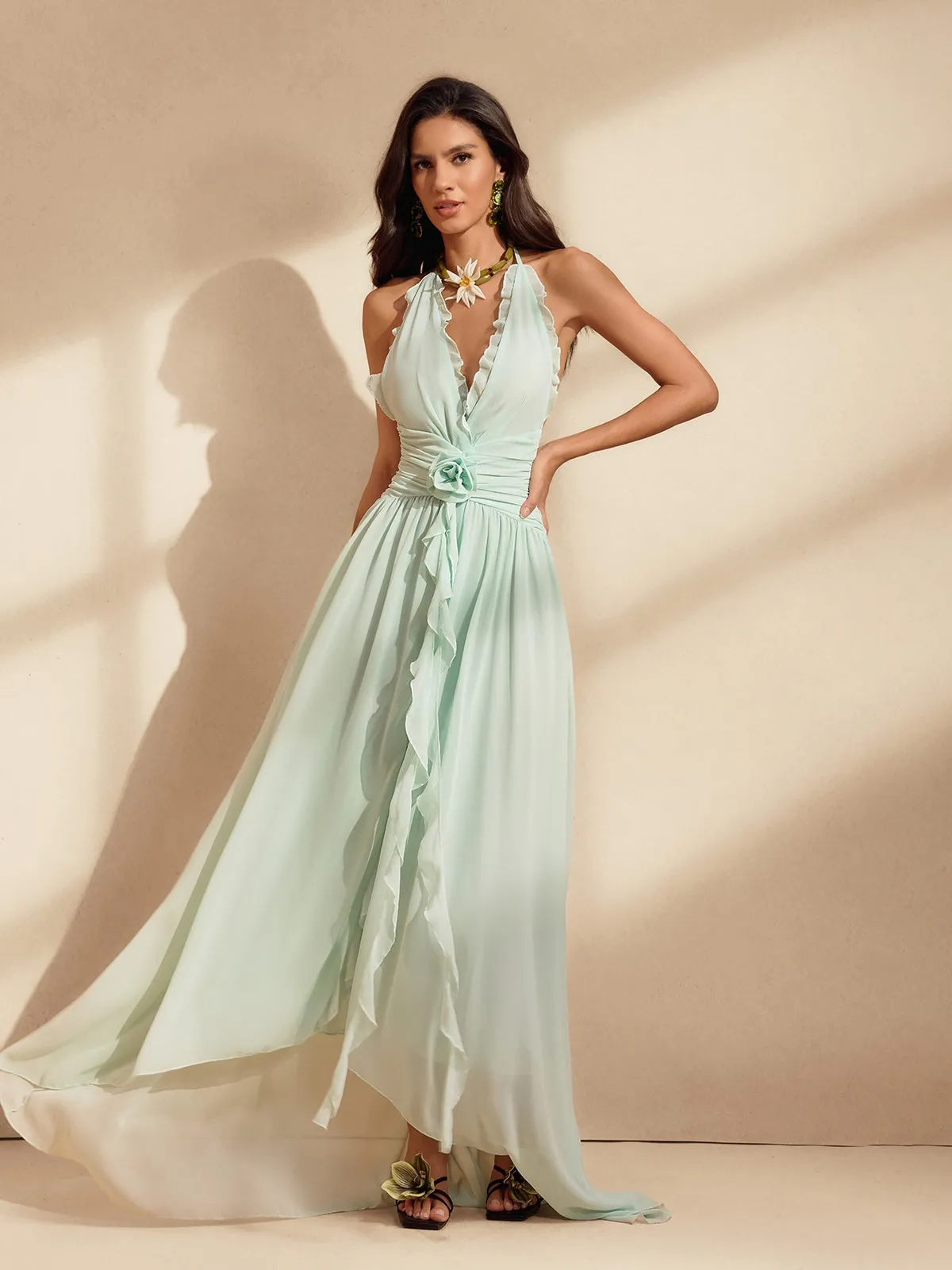 Qexelle Halterneck Ruffle Maxi Dress In Mint sold by Mew Mews