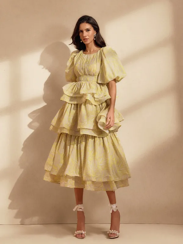 Nereida Ruffle Tiered Printed Midi Dress sold by Mew Mews