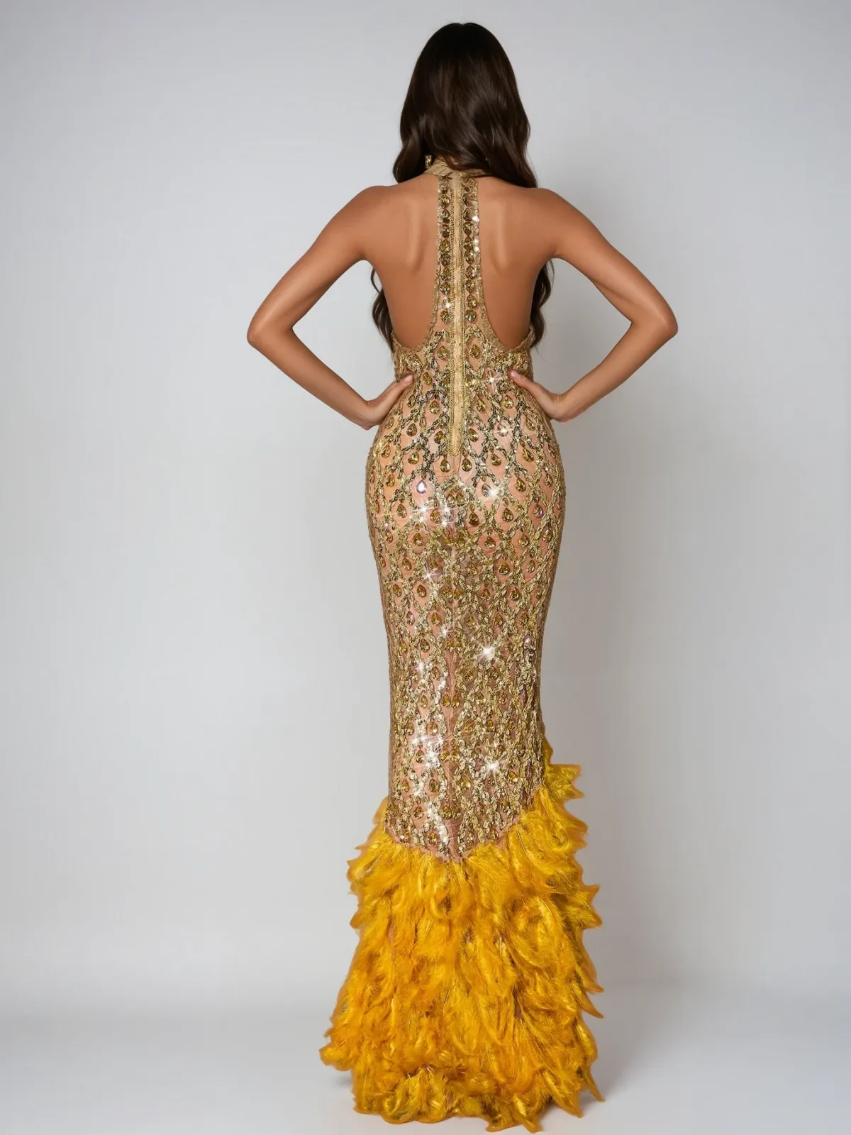 Liora Crystal Feather Mesh Maxi Dress In Gold sold by Mew Mews product image thumbnail 3