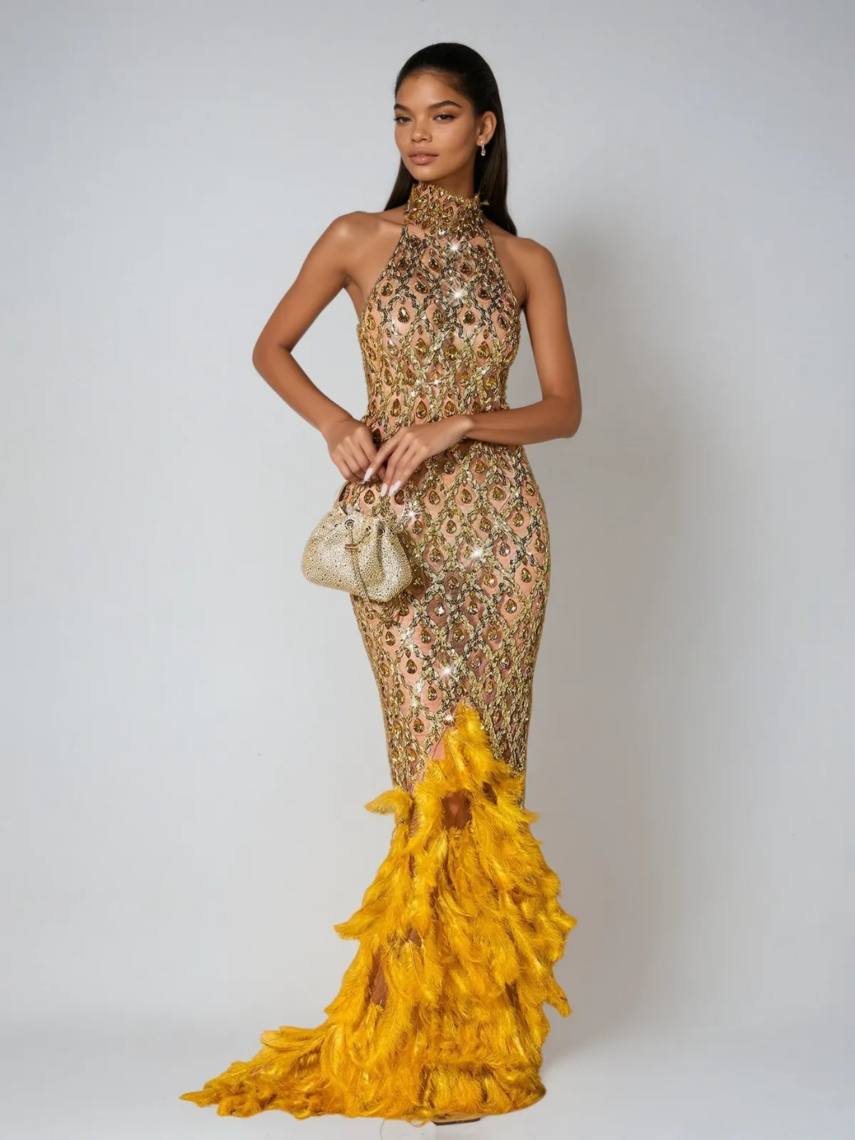Liora Crystal Feather Mesh Maxi Dress In Gold sold by Mew Mews product image thumbnail 2