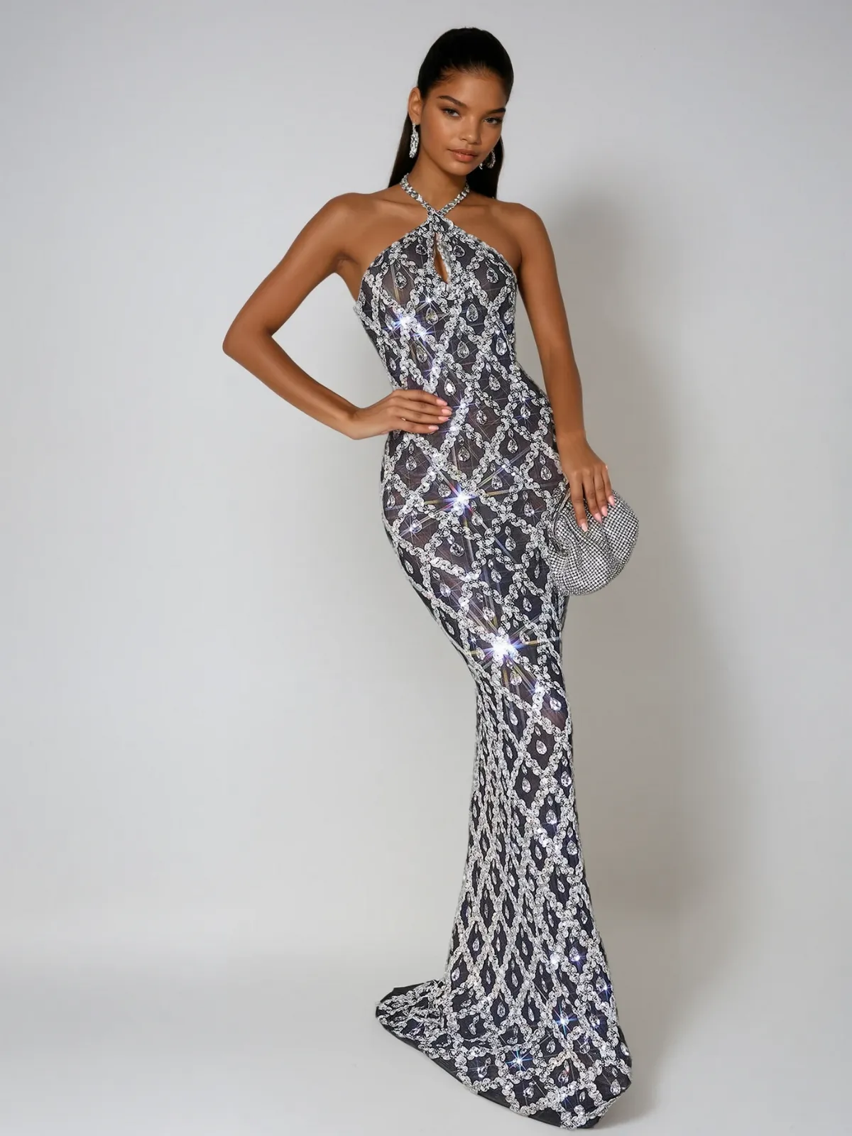 Liora Backless Sequin Crystal Maxi Dress In Black sold by Mew Mews product image thumbnail 2