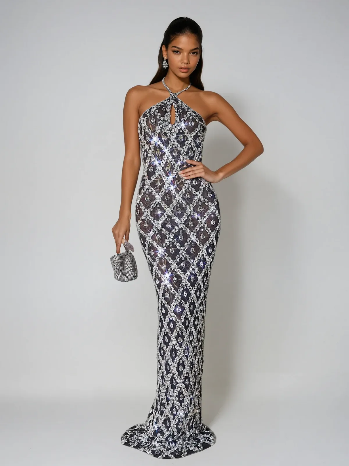 Liora Backless Sequin Crystal Maxi Dress In Black sold by Mew Mews