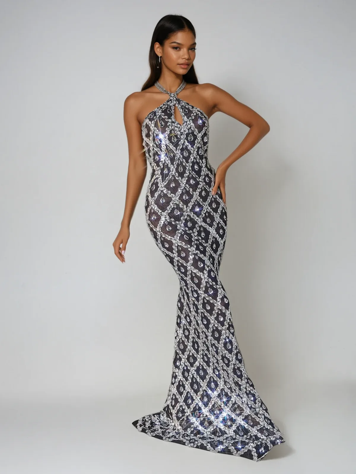 Liora Backless Sequin Crystal Maxi Dress In Black sold by Mew Mews product image thumbnail 3