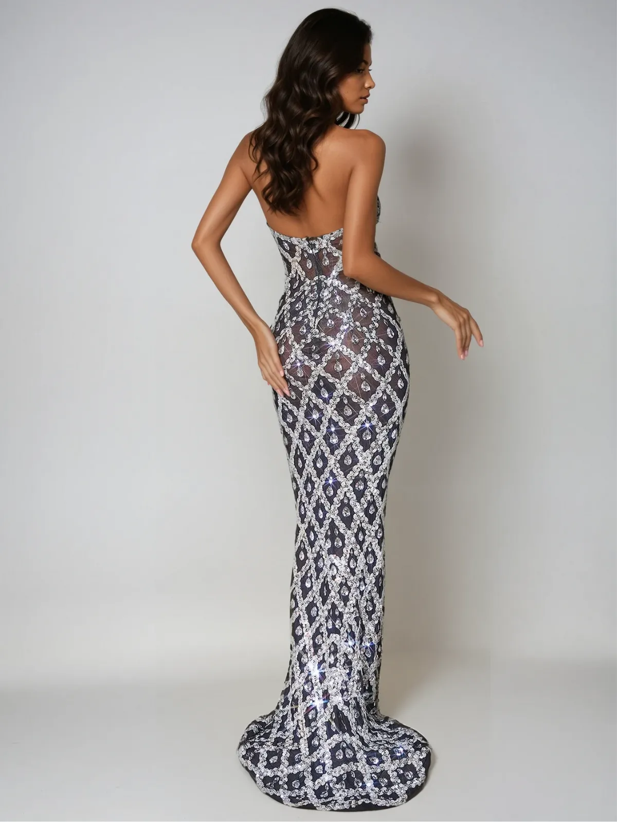 Liora Backless Sequin Crystal Maxi Dress In Black sold by Mew Mews product image thumbnail 4