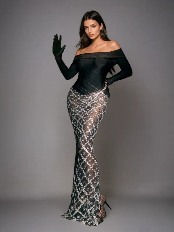 Liora Off Shoulder Embellished Mesh Maxi Dress sold by Mew Mews