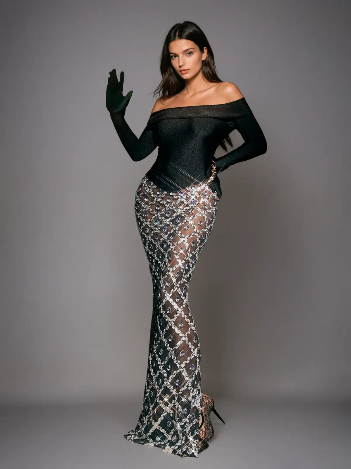 Liora Off Shoulder Embellished Mesh Maxi Dress sold by Mew Mews
