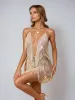 Fiadh Plunge Neck Crystal Chain Fringe Mini Dress sold by Mew Mews