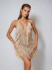 Fiadh Plunge Neck Crystal Chain Fringe Mini Dress sold by Mew Mews
