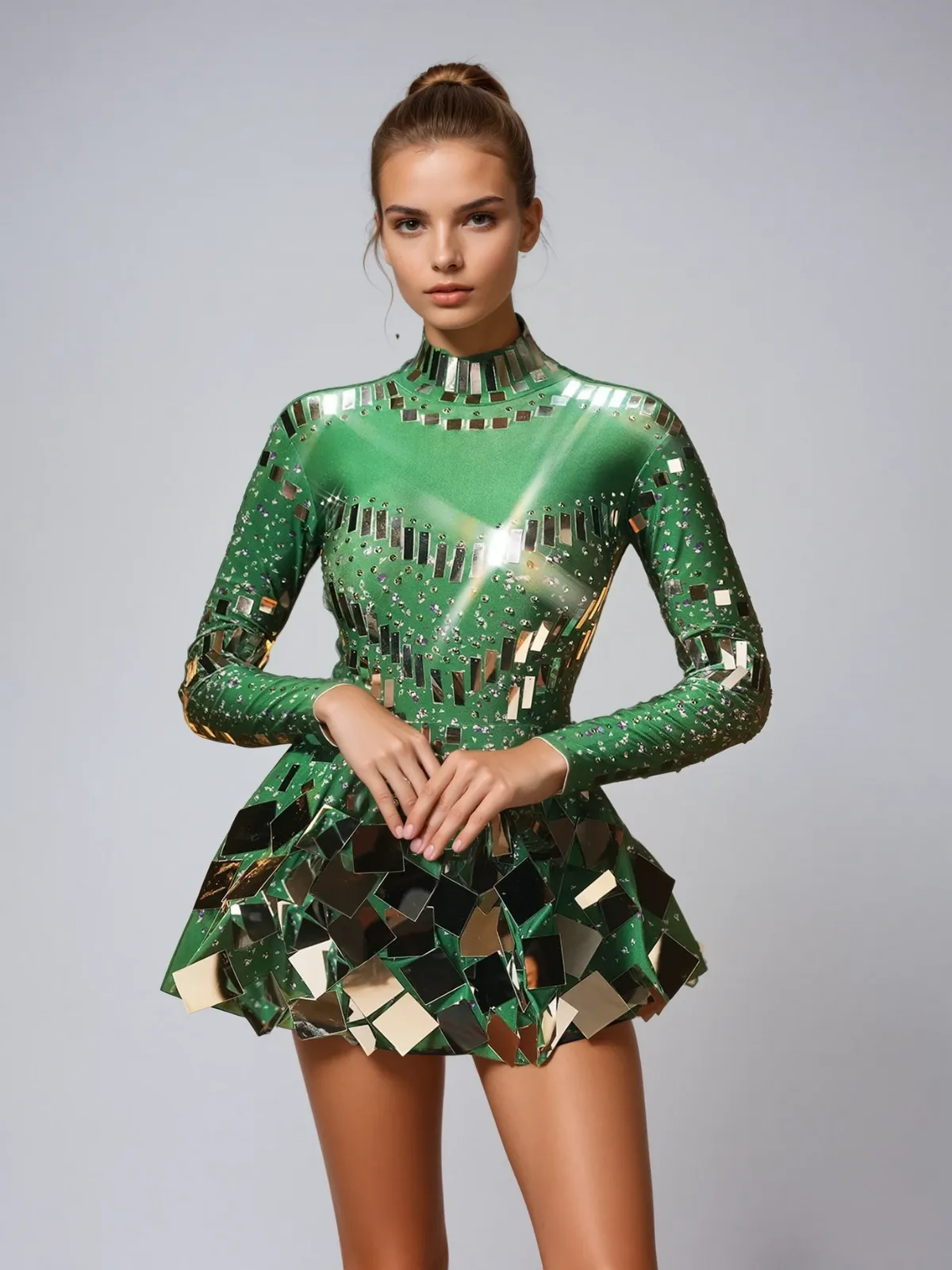 Ella Long Sleeve Embellished Mini Dress In Green sold by Mew Mews product image thumbnail 3