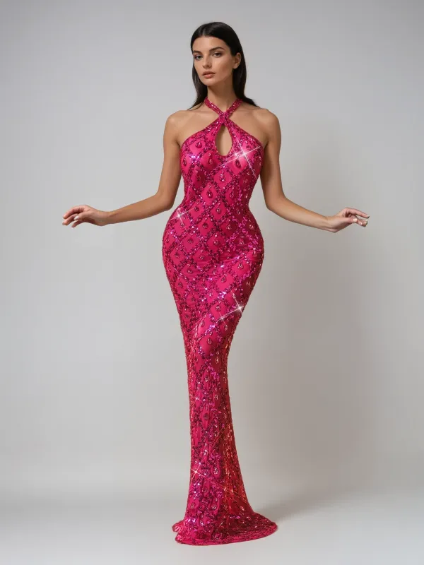 Liora Backless Sequin Crystal Maxi Dress In Hot Pink sold by Mew Mews
