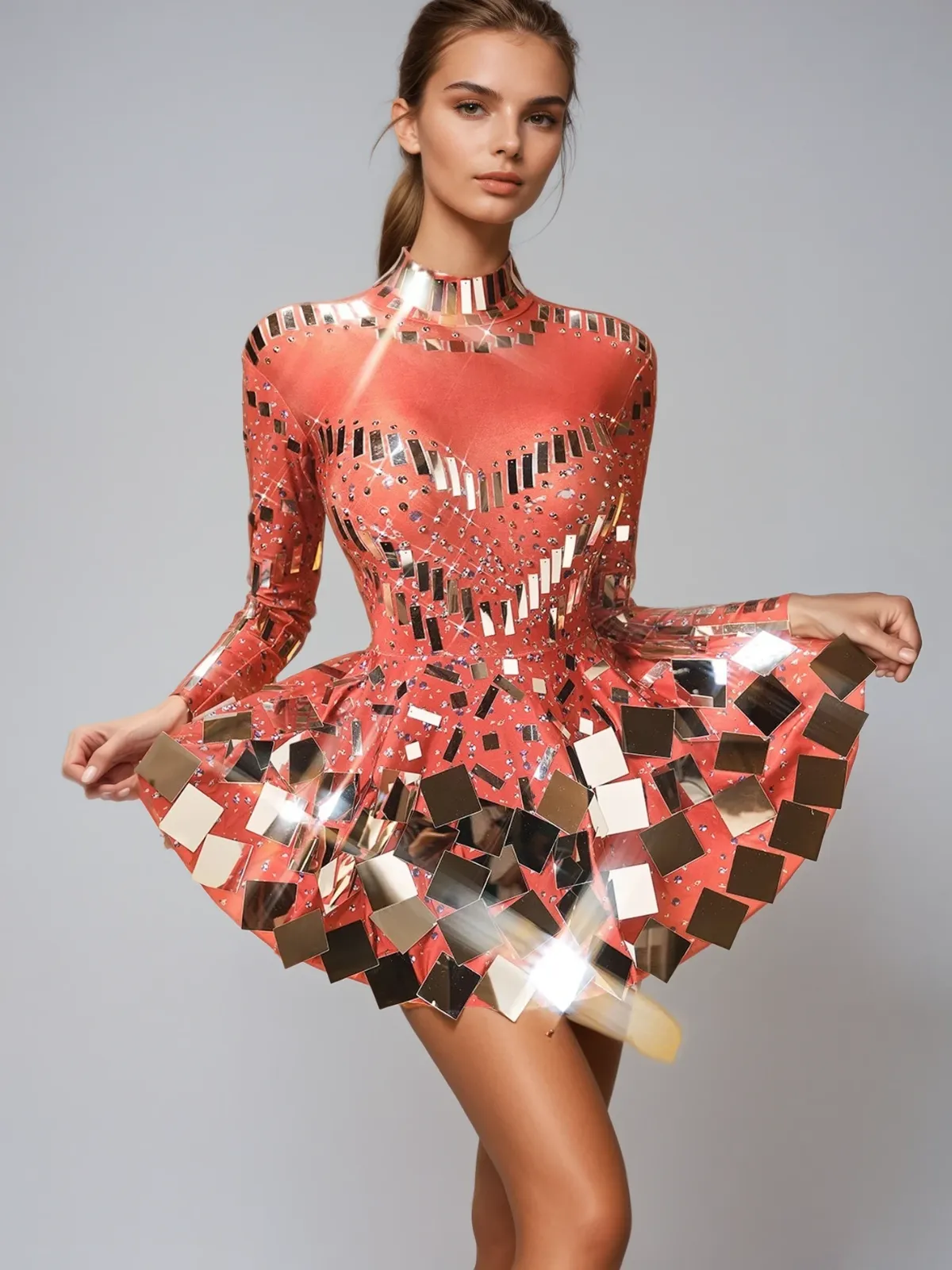 Ella Long Sleeve Embellished Mini Dress In Red sold by Mew Mews