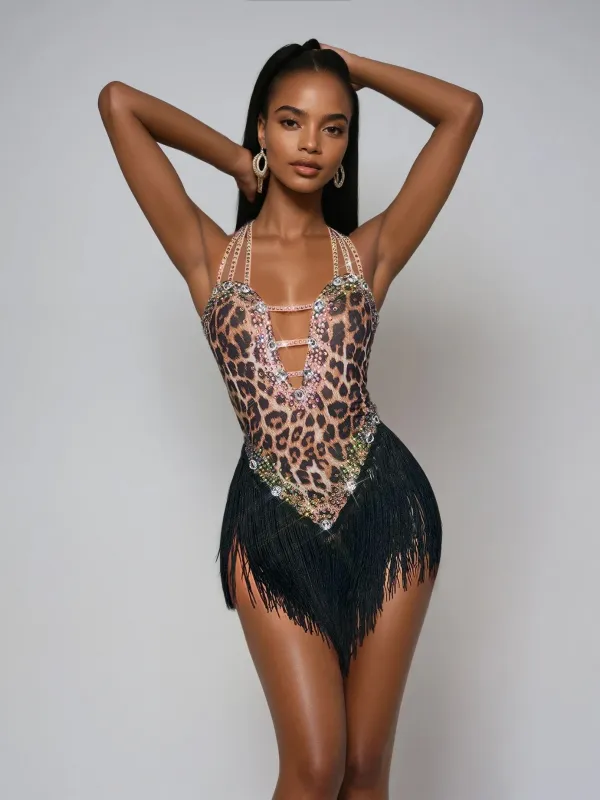 Gryxara Halterneck Rhinestone Leopard Fringe Bodysuit sold by Mew Mews
