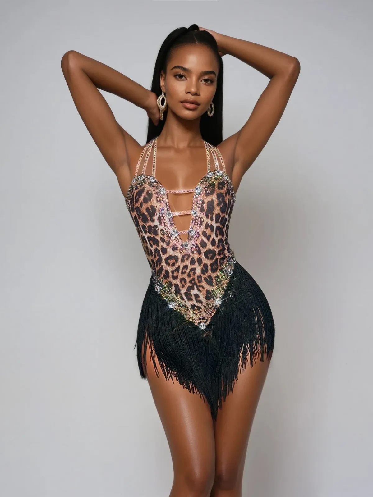 Gryxara Halterneck Rhinestone Leopard Fringe Bodysuit sold by Mew Mews