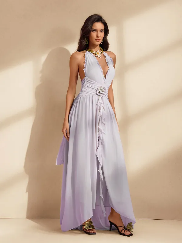 Qexelle Halterneck Ruffle Maxi Dress In Lilac sold by Mew Mews