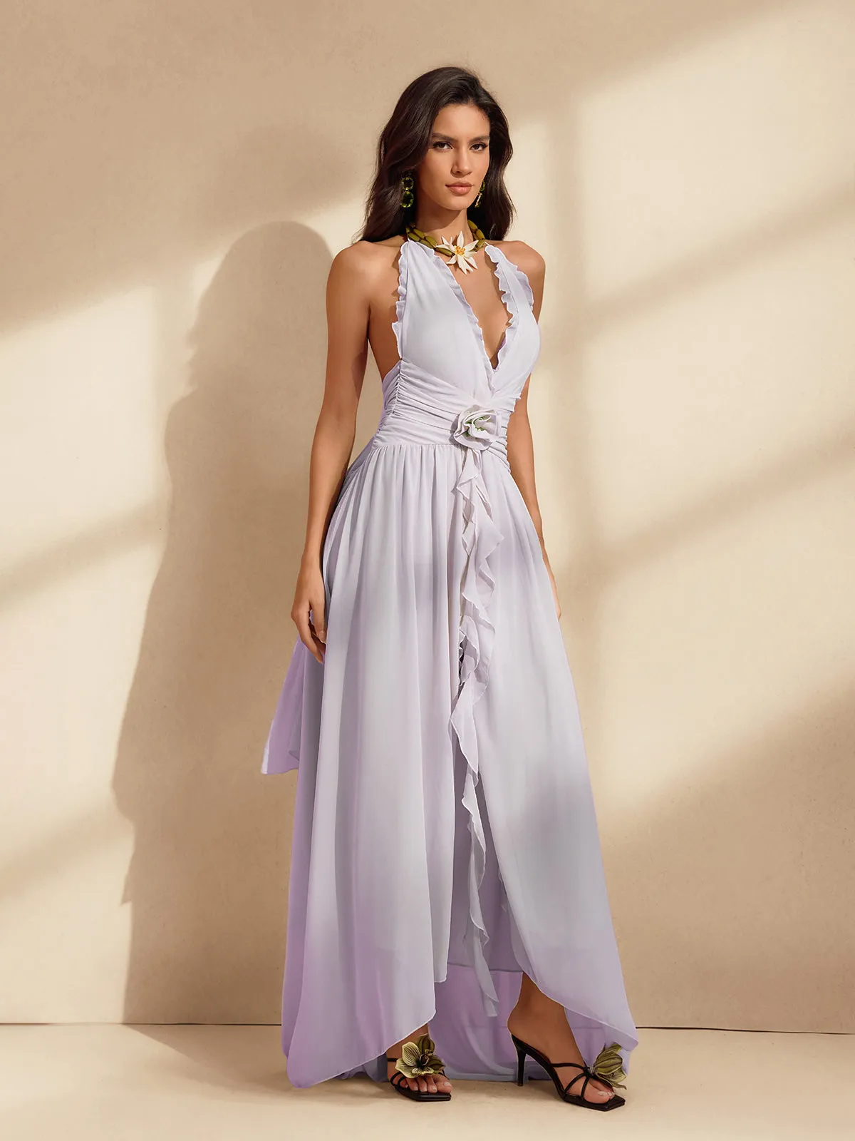 Qexelle Halterneck Ruffle Maxi Dress In Lilac sold by Mew Mews