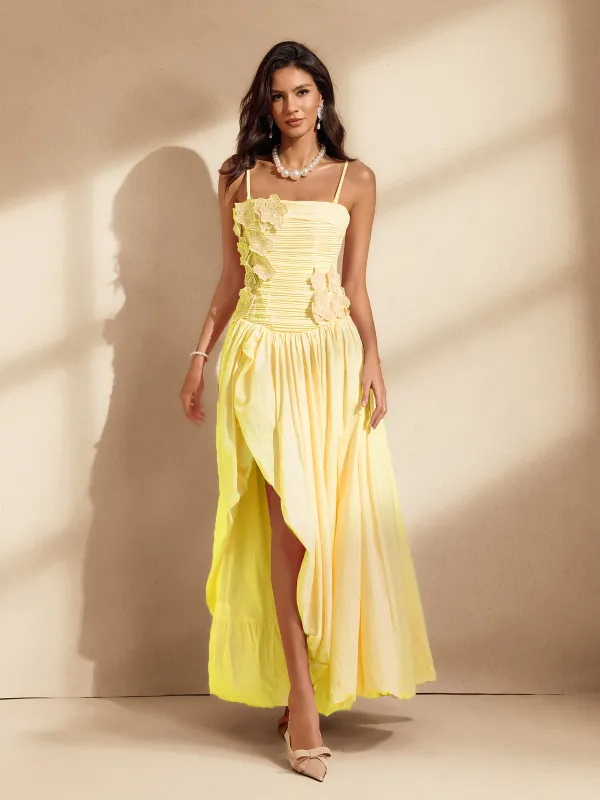 Nefret Spaghetti Flower Maxi Dress In Yellow sold by Mew Mews