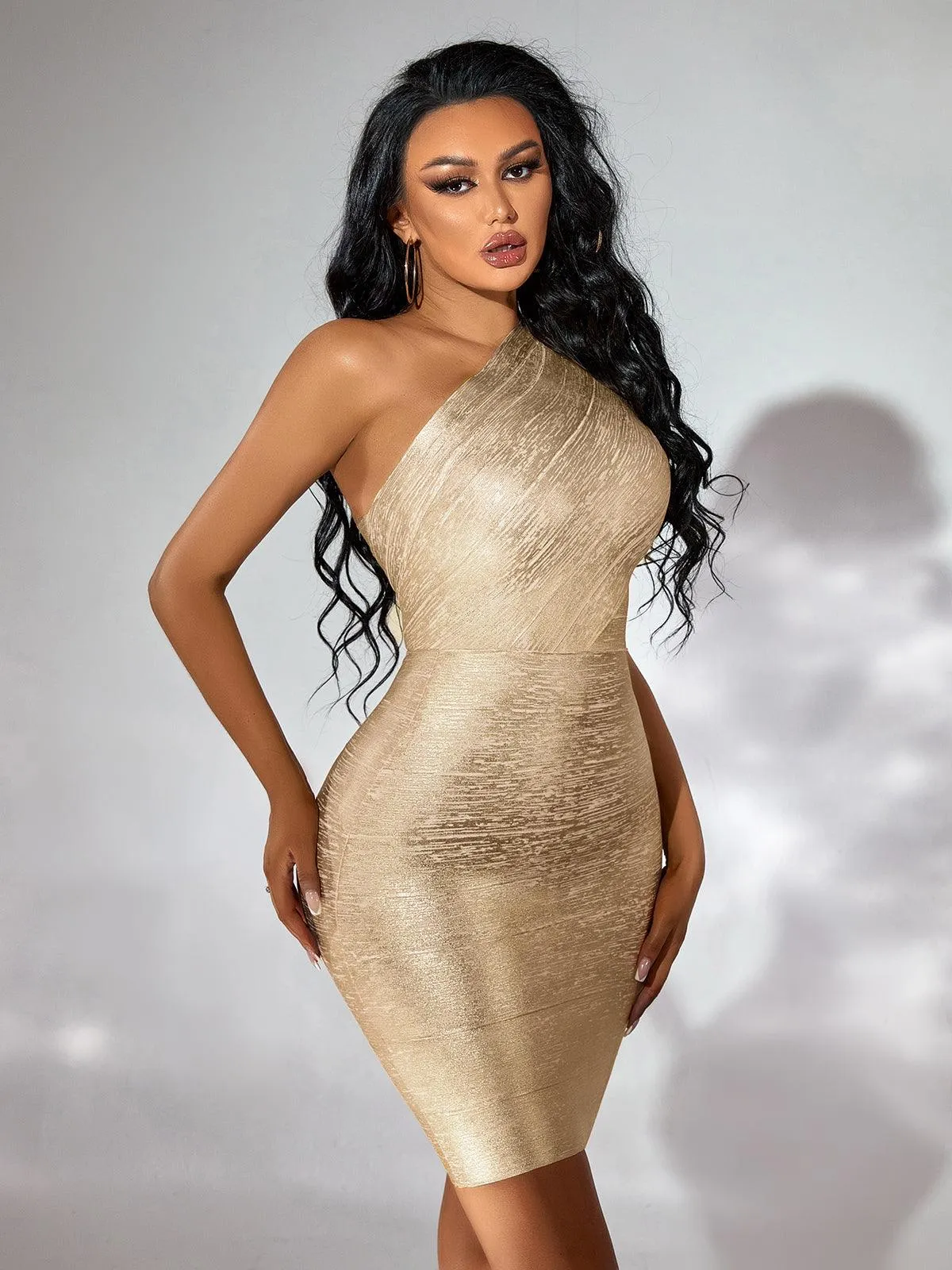 Novah Metallic Gold One Shoulder Bandage Dress sold by Mew Mews product image thumbnail 2