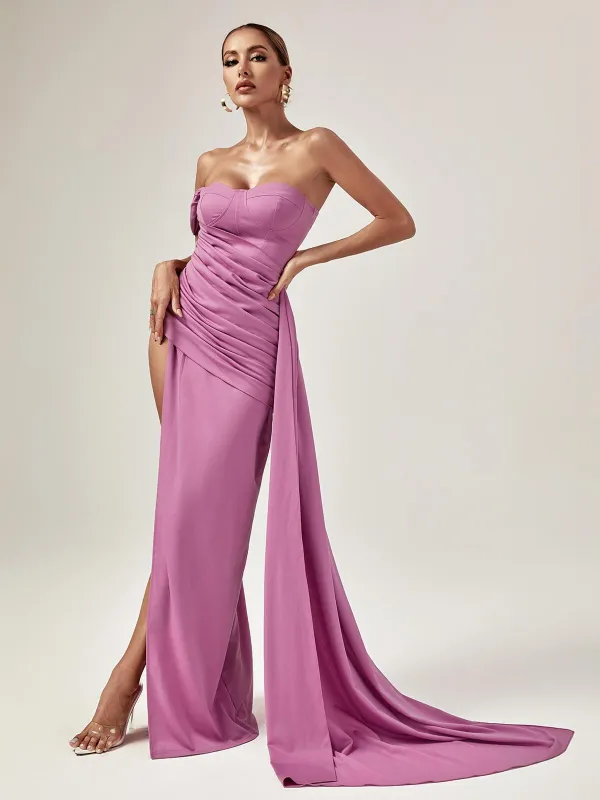Joelle One Shoulder Split Maxi Dress With Gloves In Purple sold by Mew Mews