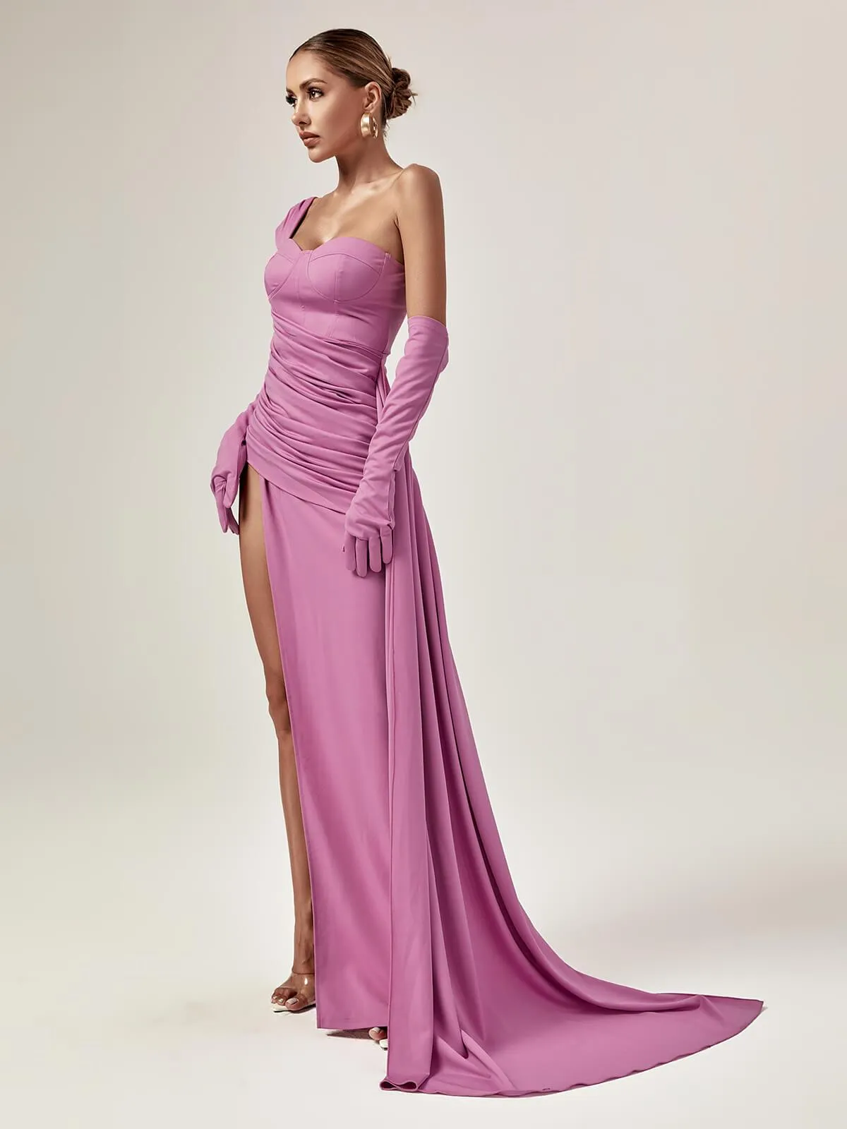 Joelle One Shoulder Split Maxi Dress With Gloves In Purple sold by Mew Mews product image thumbnail 5