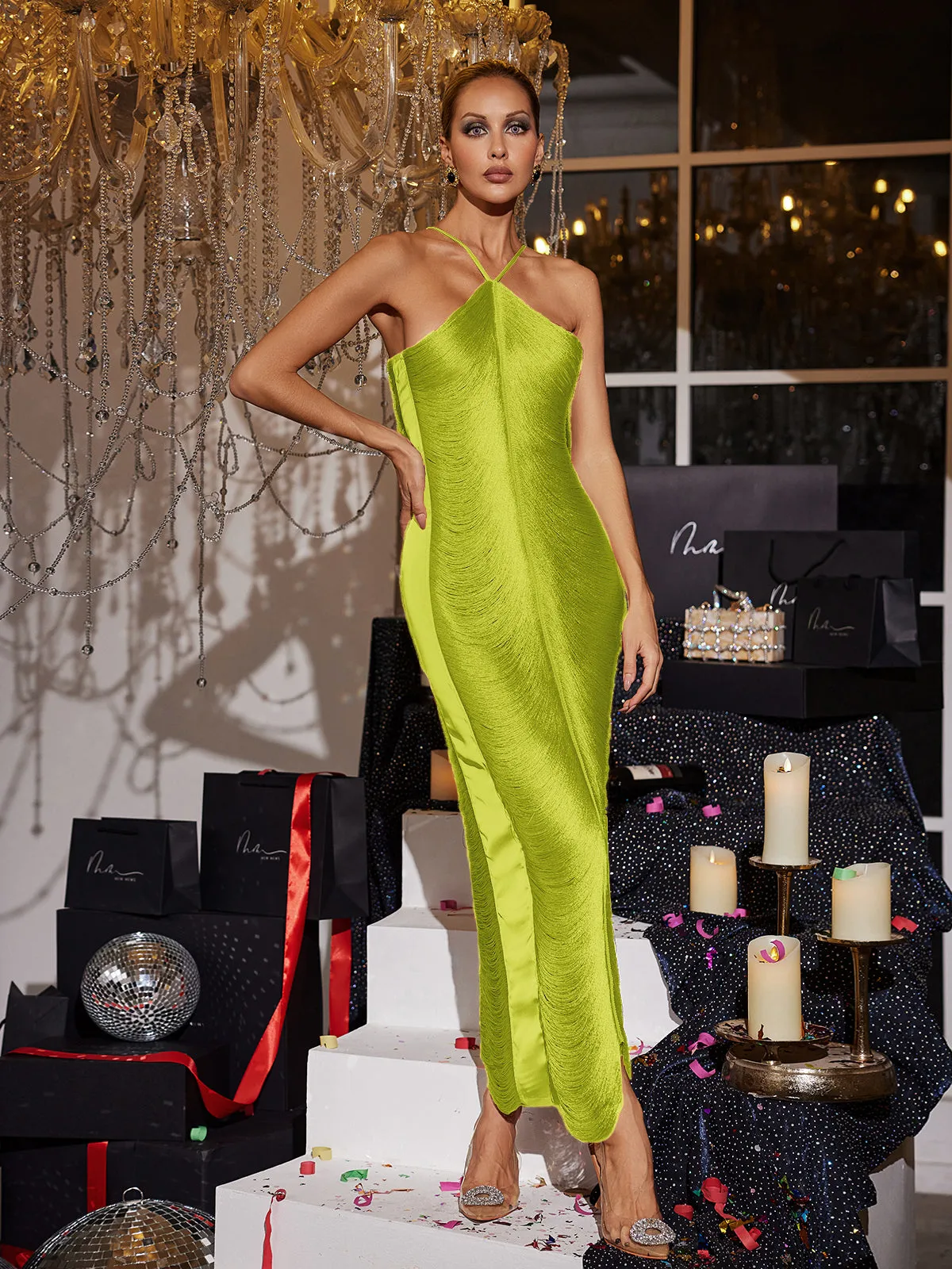 Bluma Halterneck Fringe Maxi Dress In Lime sold by Mew Mews product image thumbnail 3