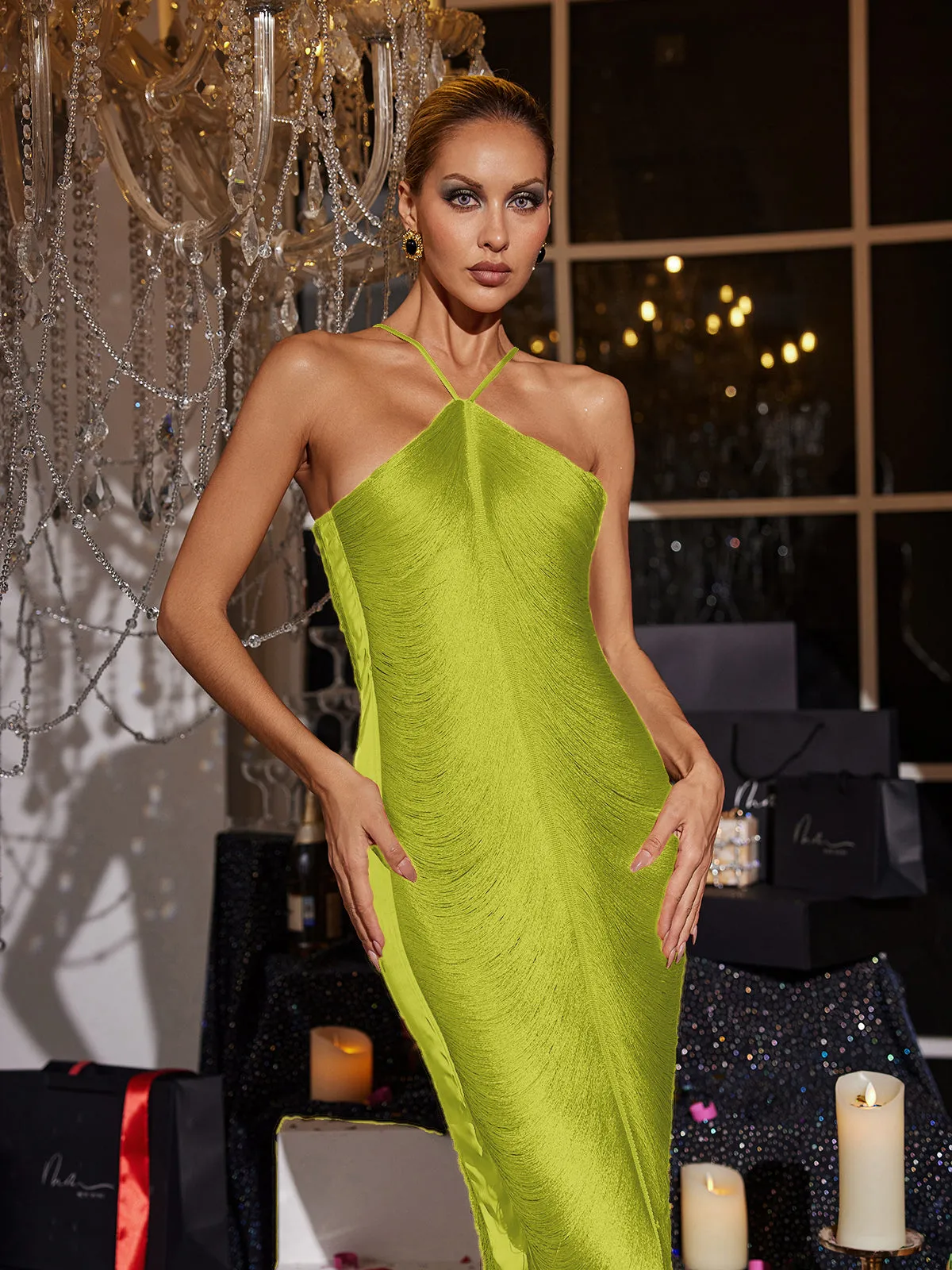 Bluma Halterneck Fringe Maxi Dress In Lime sold by Mew Mews product image thumbnail 2