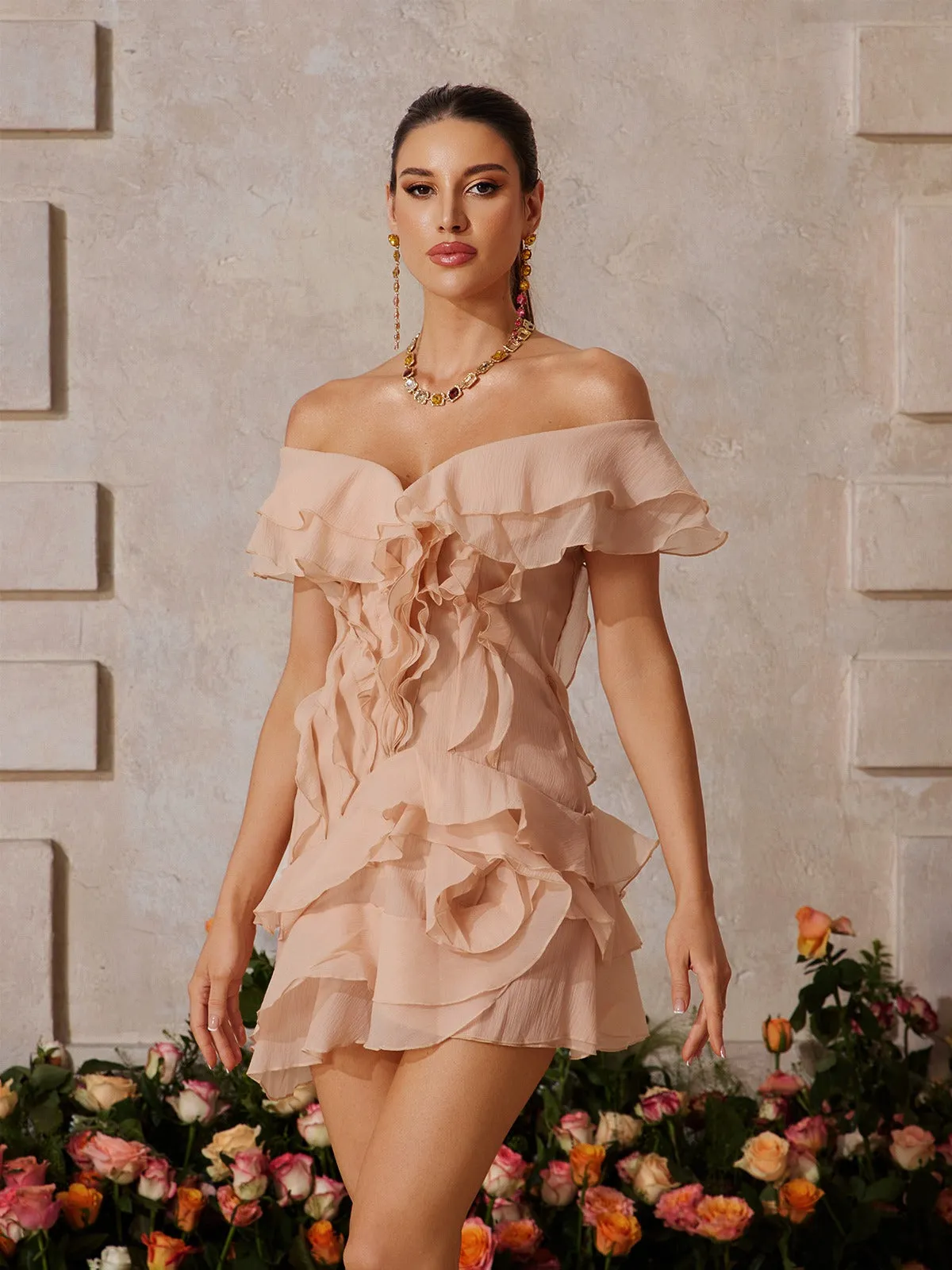 Dabney V Neck Ruffle Mini Dress In Champagne sold by Mew Mews product image thumbnail 3