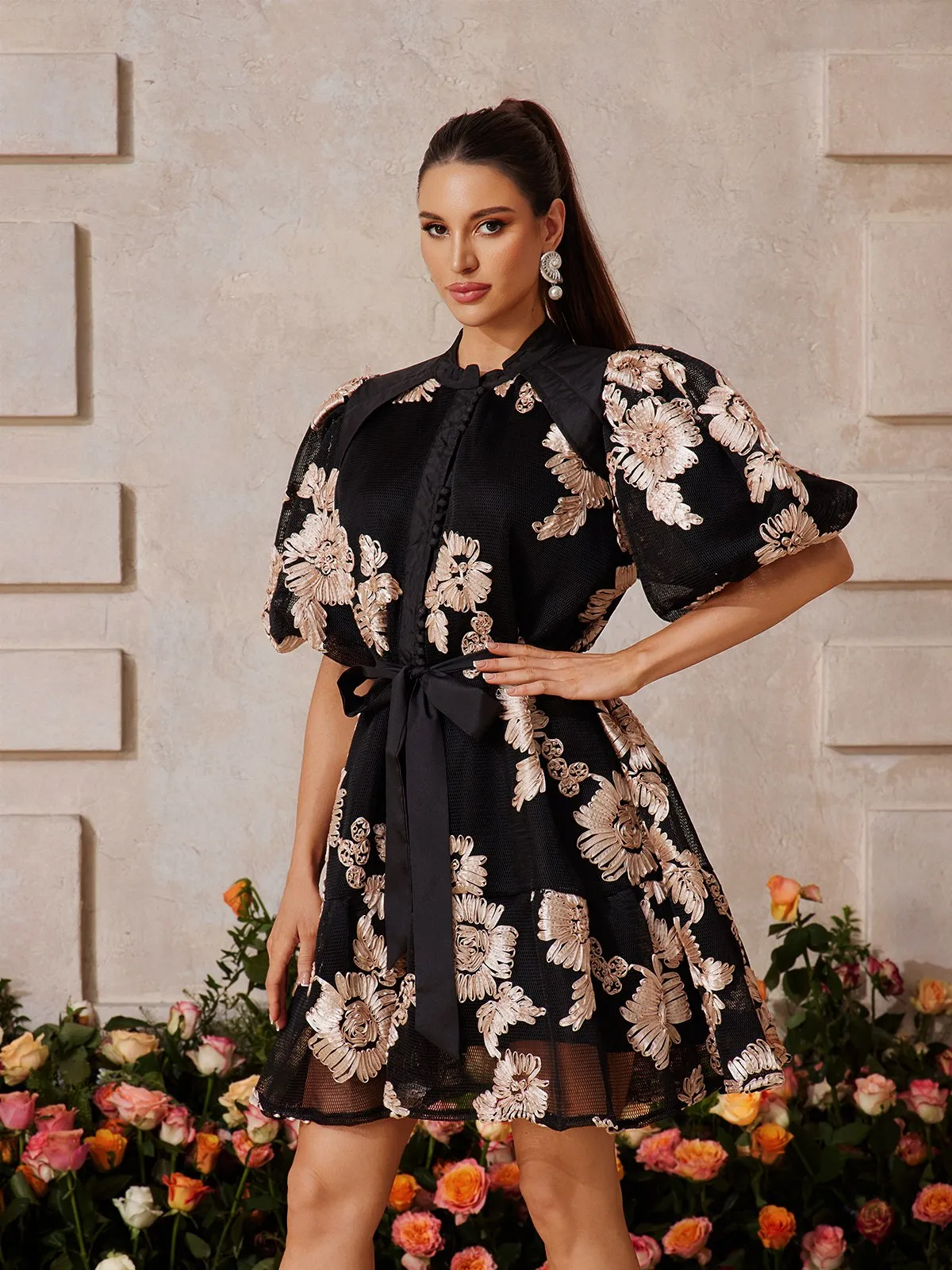 Nyxthar Balloon Sleeve Flower Mini Dress sold by Mew Mews product image thumbnail 4