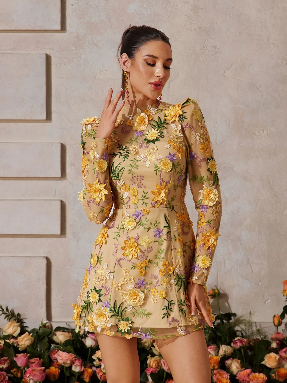 Duskel Flower Embroidered Mini Dress In Yellow sold by Mew Mews product image thumbnail 5