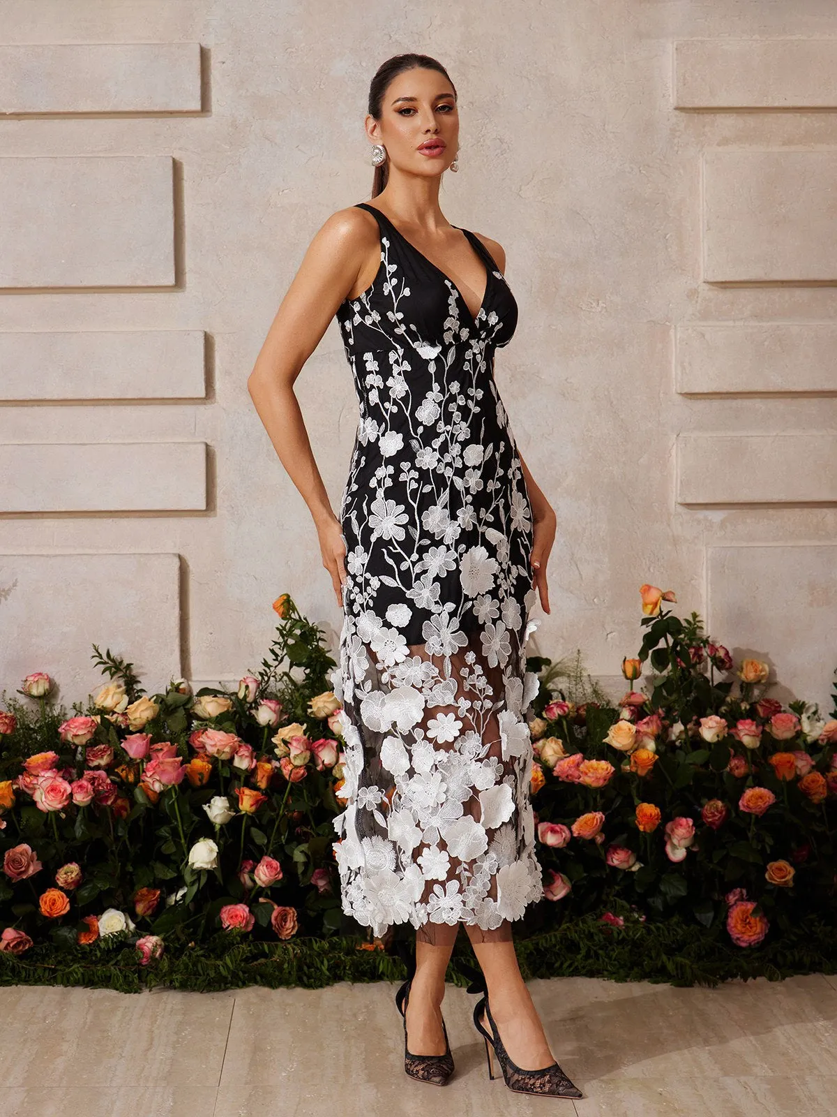Quoril V Neck Flower Embroidered Midi Dress sold by Mew Mews product image thumbnail 5