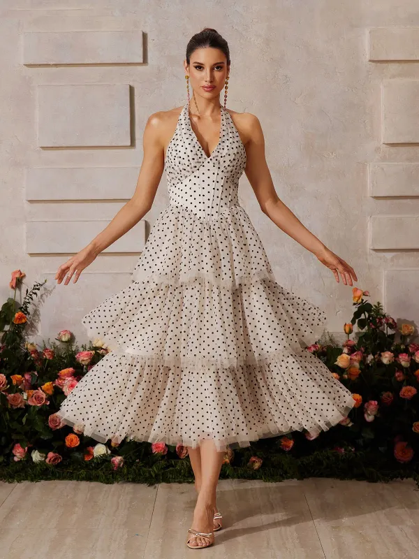 Zalvarya Halterneck Dot Tiered Midi Dress sold by Mew Mews