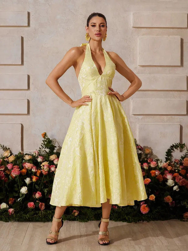 Emberi Lace Up Floral Midi Dress In Yellow sold by Mew Mews