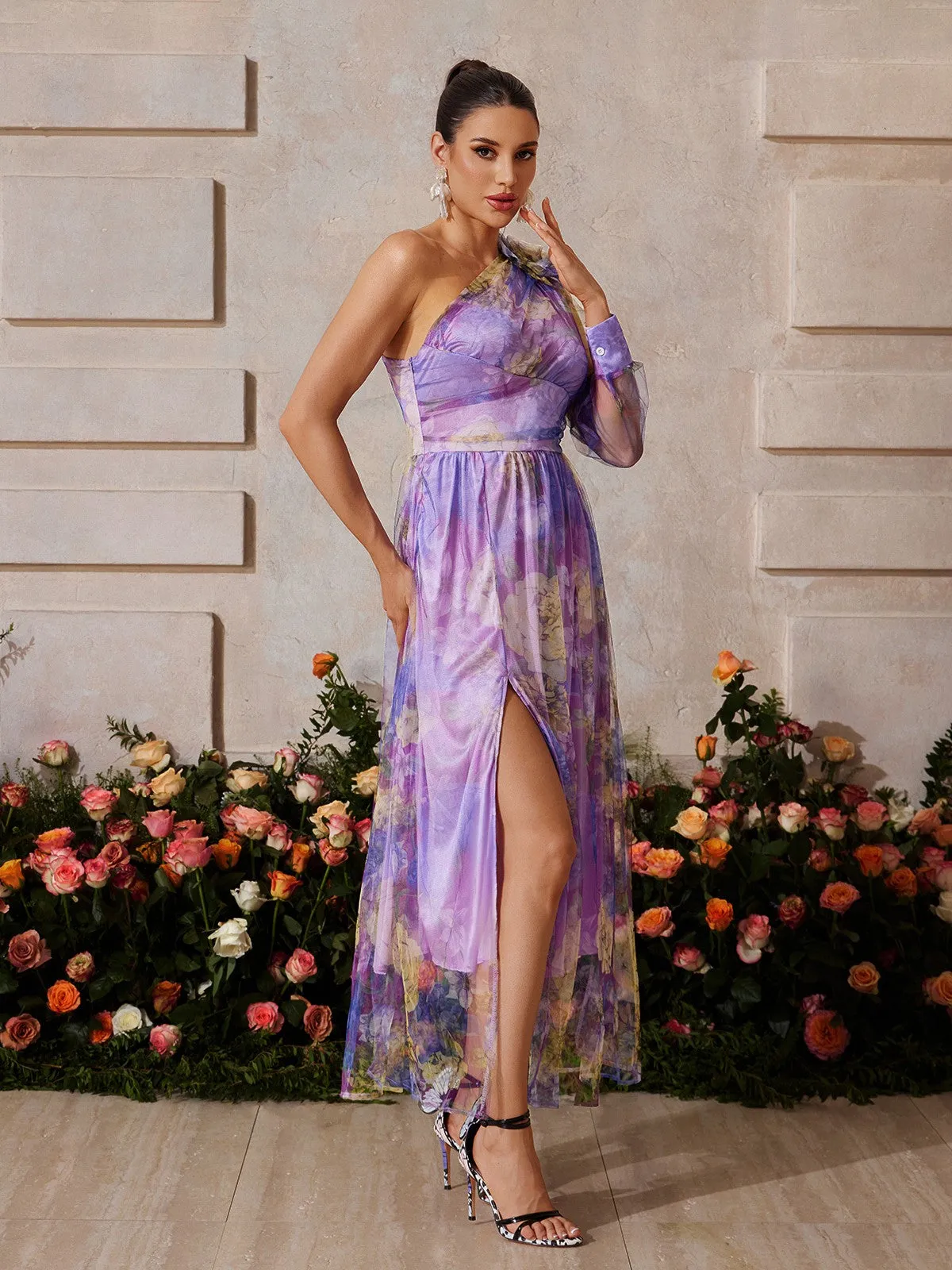 Yexis One Shoulder Split Floral Midi Dress sold by Mew Mews product image thumbnail 3