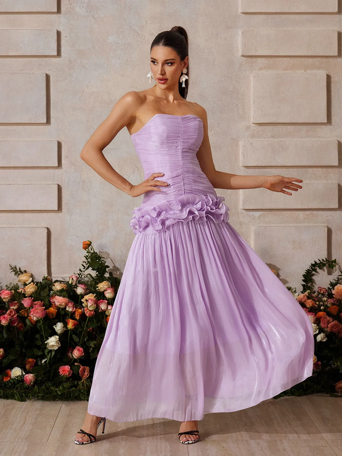 Yryviel Strapless Ruched Ruffle Maxi Dress In Purple sold by Mew Mews