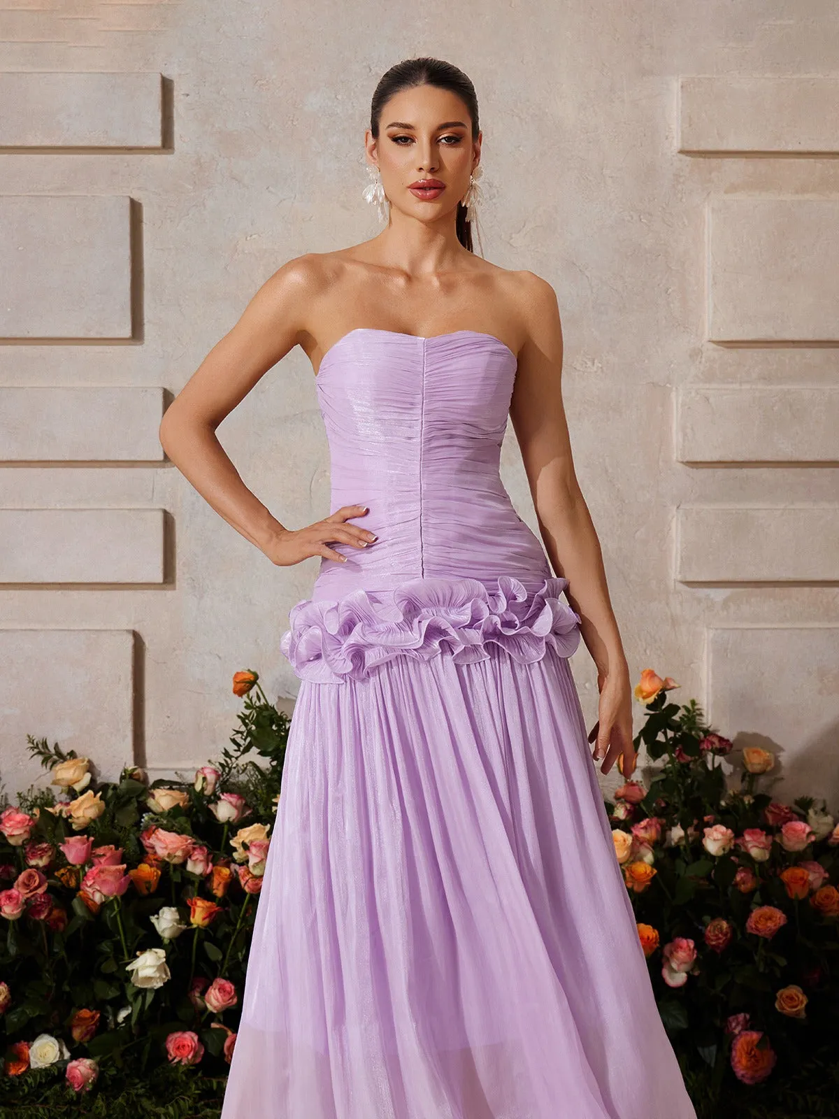 Yryviel Strapless Ruched Ruffle Maxi Dress In Purple sold by Mew Mews product image thumbnail 5