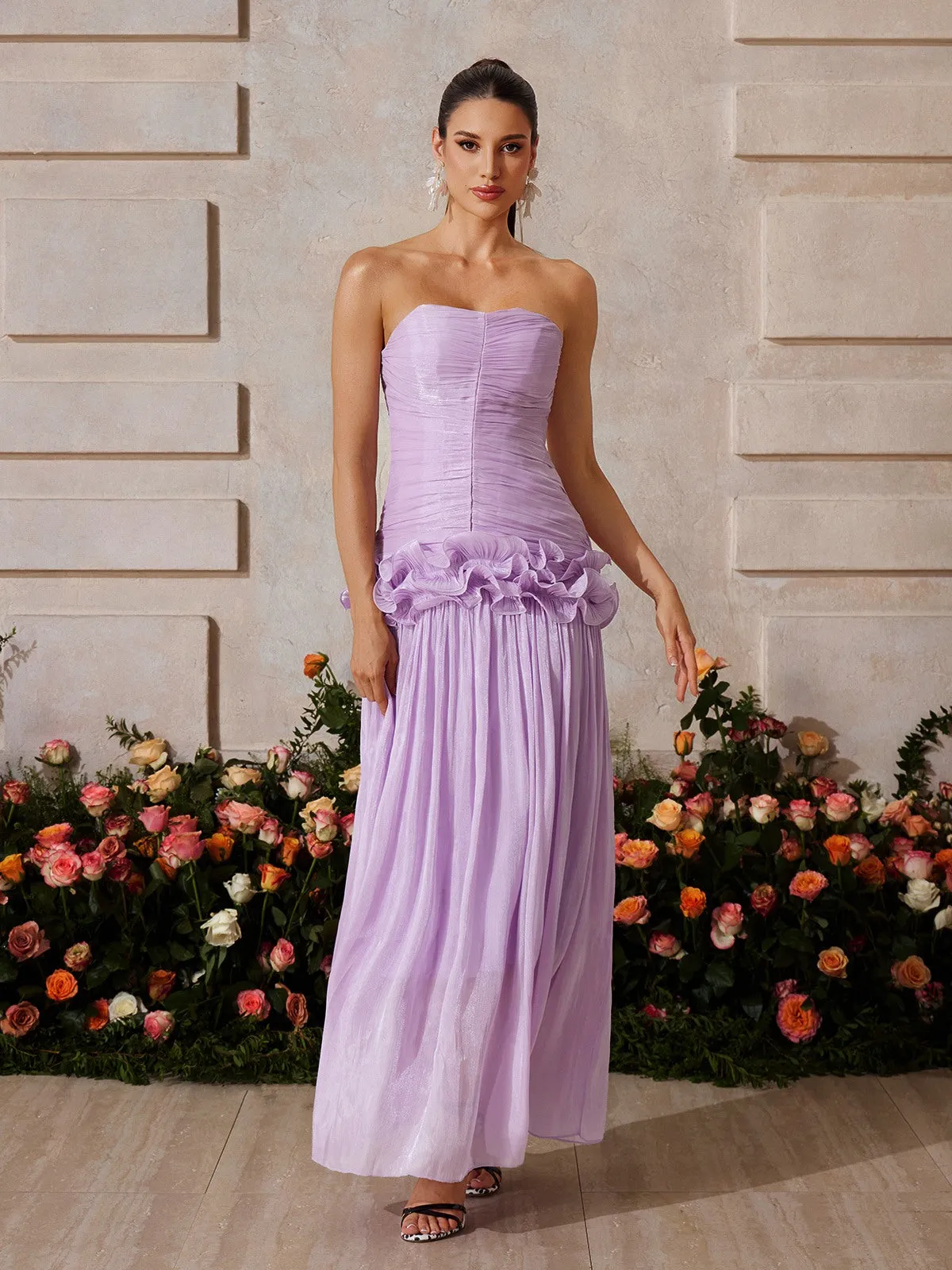Yryviel Strapless Ruched Ruffle Maxi Dress In Purple sold by Mew Mews product image thumbnail 3