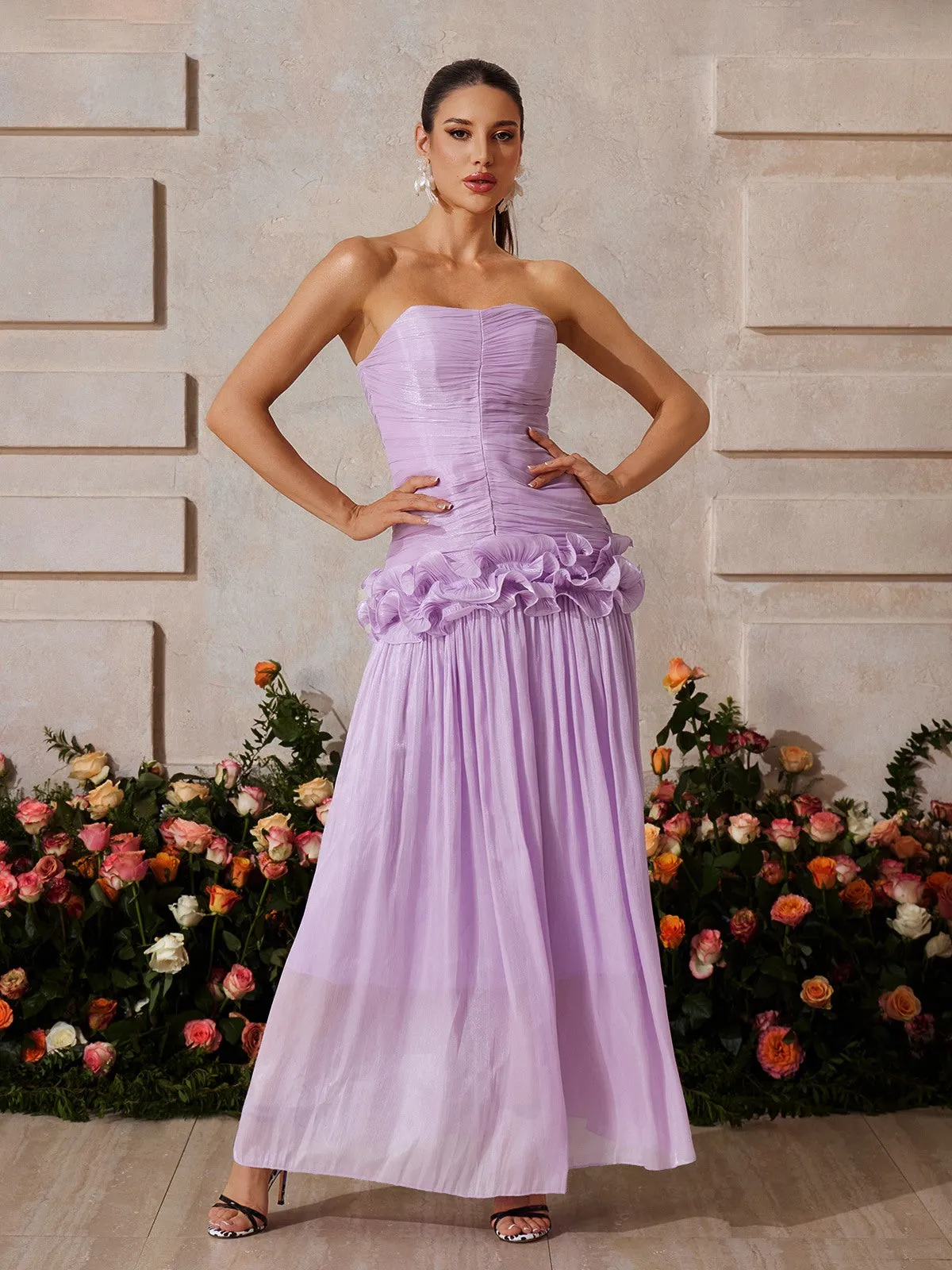 Yryviel Strapless Ruched Ruffle Maxi Dress In Purple sold by Mew Mews product image thumbnail 2