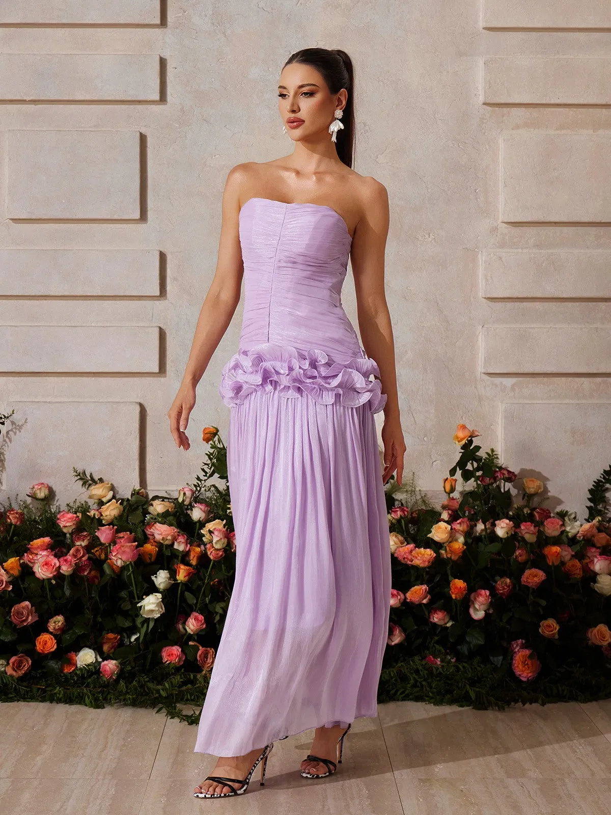 Yryviel Strapless Ruched Ruffle Maxi Dress In Purple sold by Mew Mews product image thumbnail 4