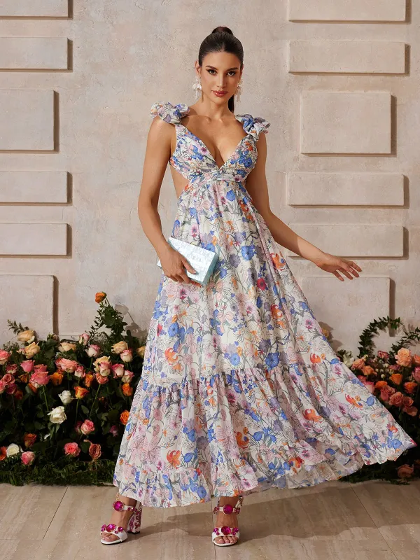 Yryssa Backless Floral Ruffle Maxi Dress sold by Mew Mews