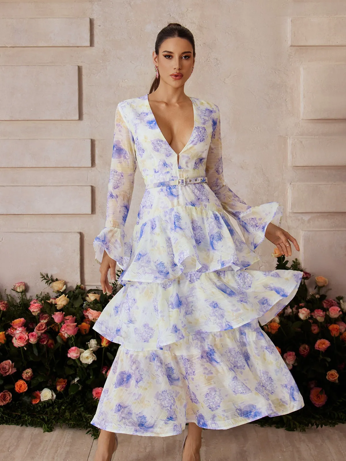Yaeltric Plunge Neck Floral Tiered Maxi Dress sold by Mew Mews product image thumbnail 3
