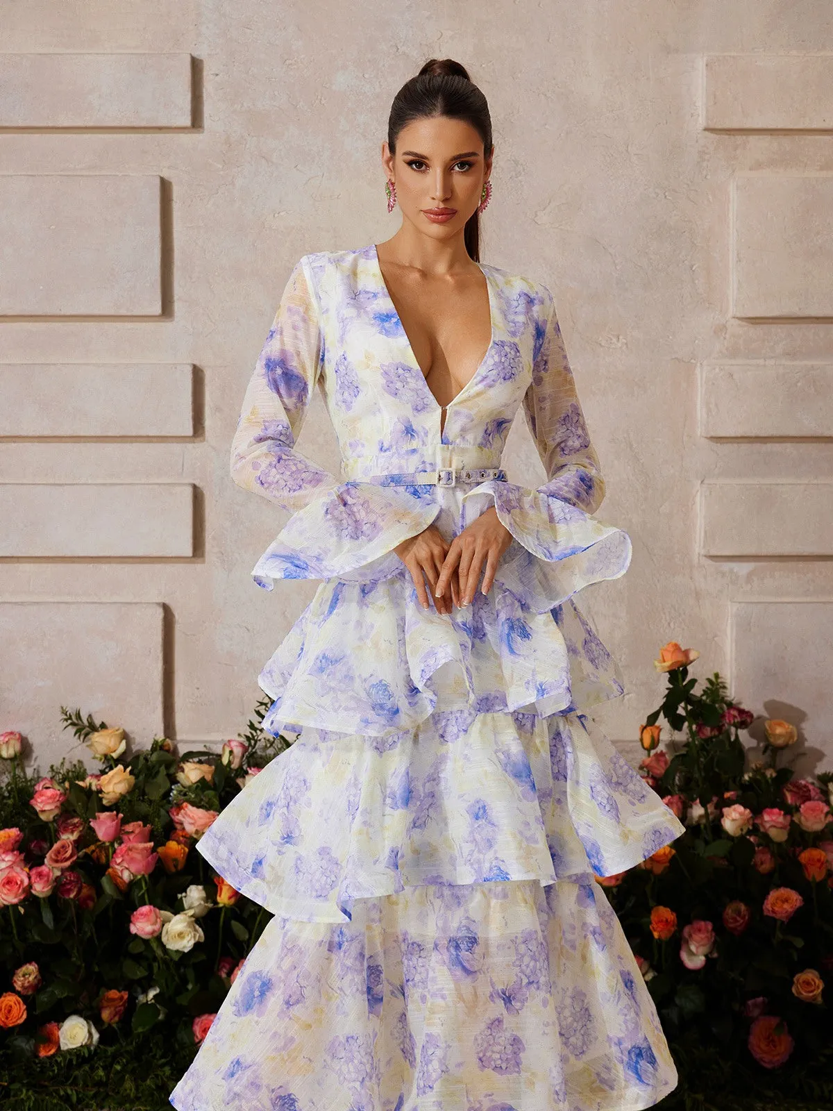 Yaeltric Plunge Neck Floral Tiered Maxi Dress sold by Mew Mews product image thumbnail 2