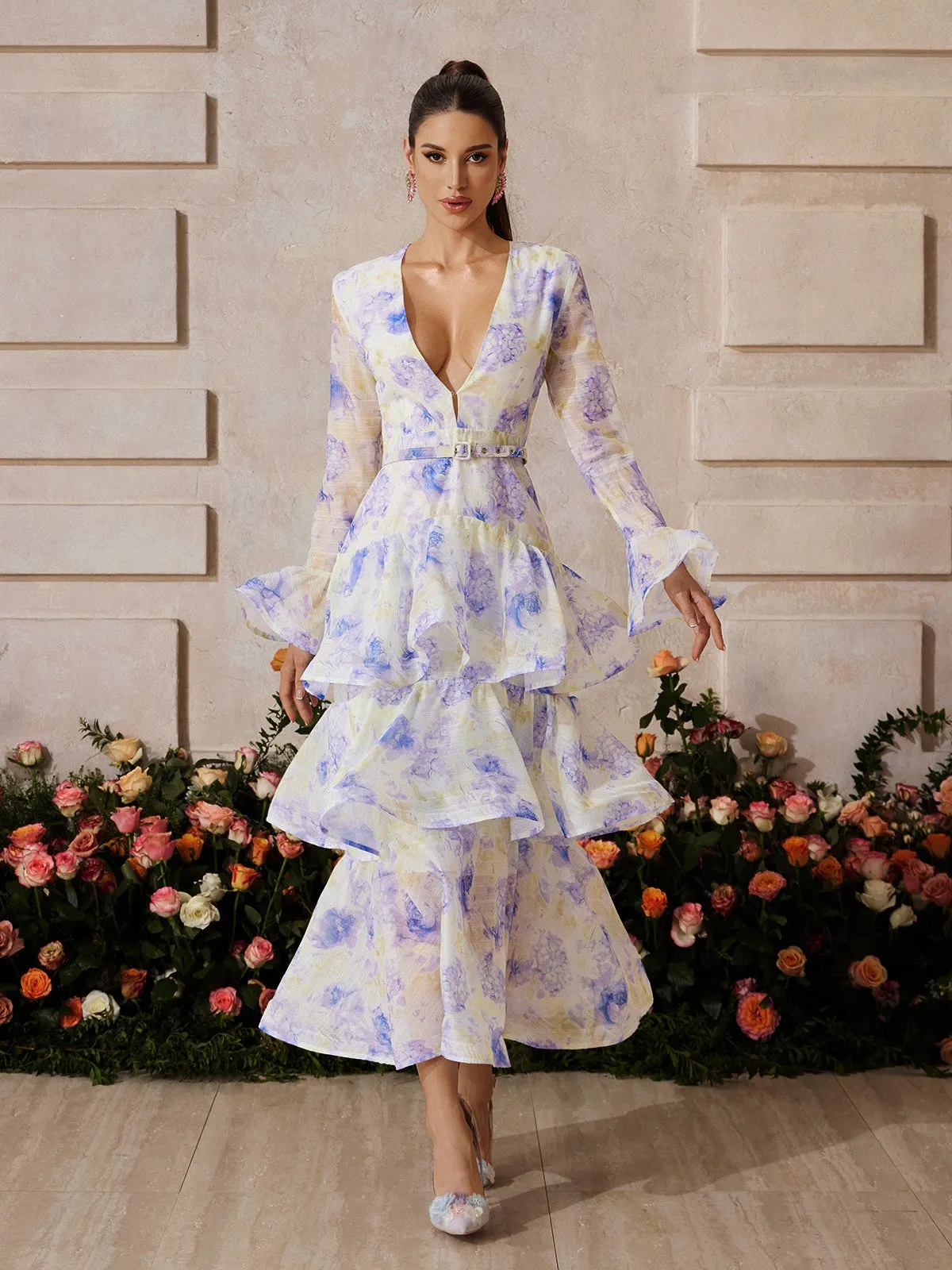 Yaeltric Plunge Neck Floral Tiered Maxi Dress sold by Mew Mews