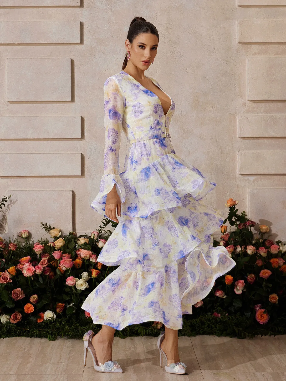 Yaeltric Plunge Neck Floral Tiered Maxi Dress sold by Mew Mews product image thumbnail 4